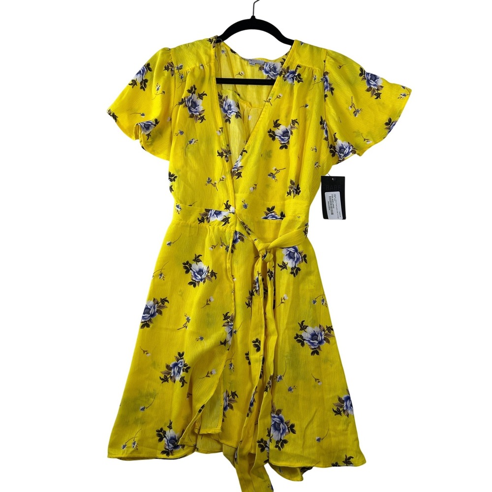 Blashe Womens Yellow Floral Wrap Dress Short Sleeve V-Neck Mini ID3837-U482 L